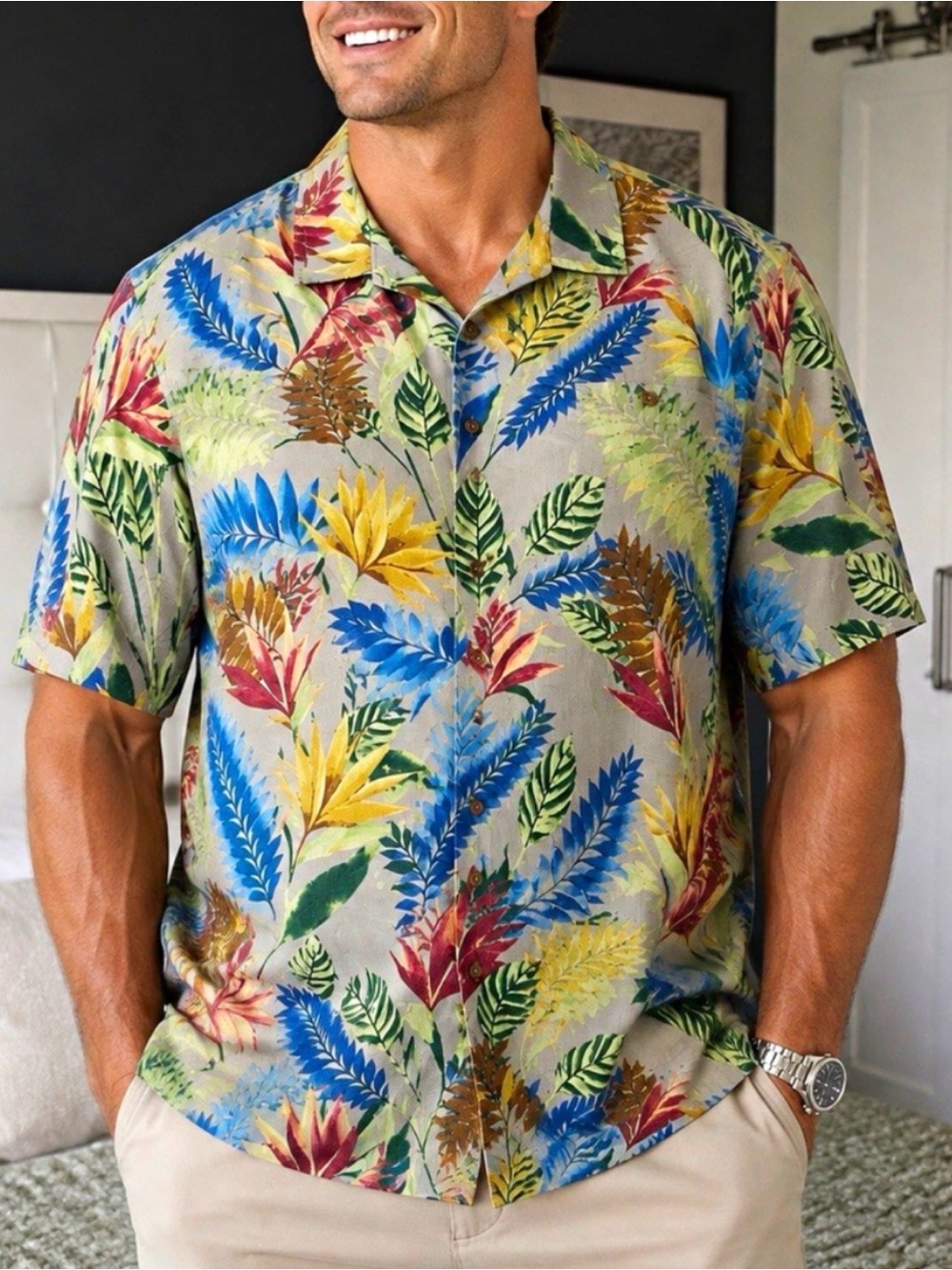 Tommy Bahama Multicolor Floral Leaf Short-Sleeve Camp Shirt